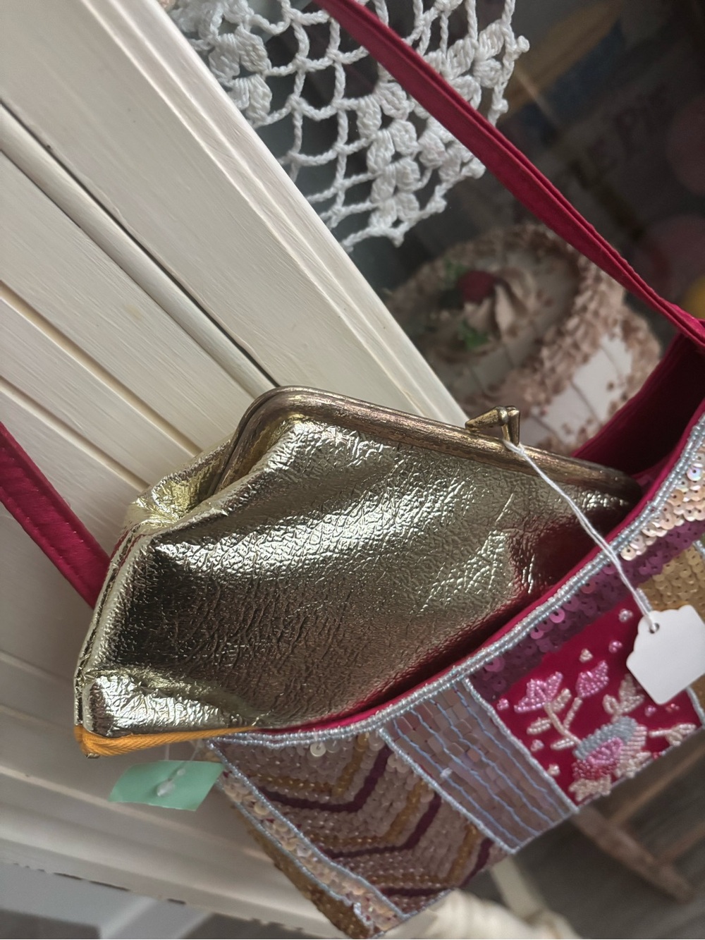 Sequined Patchwork Shoulder Bag  In Raspberry PLUS Gold Coin Purse Final Sale - Picture 6 of 13